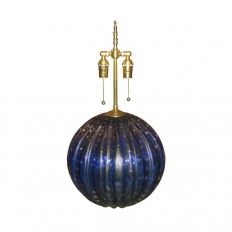 Single spherical fluted cobalt colored Murano glass lamp with inclusive air bubbles