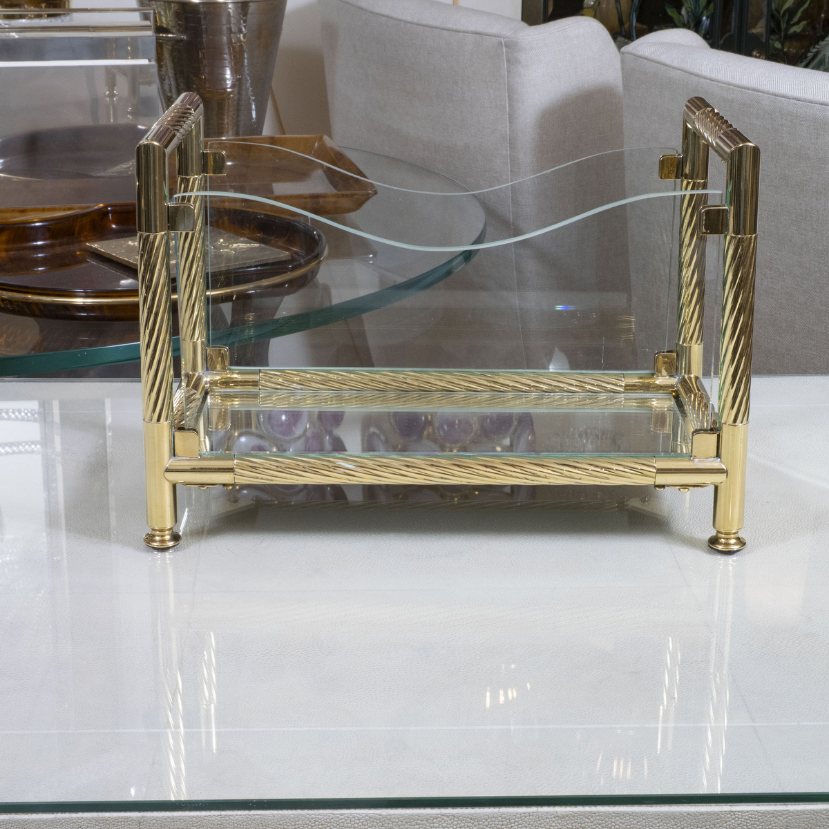 Petite brass and glass magazine rack | Magazine Racks | John Salibello