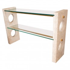 Two tier travertine and glass console