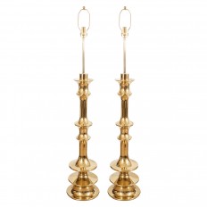 Pair of brass spindle form floor lamps