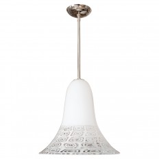 Nickel pendant fixture with patterned glass shade