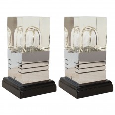 Pair of chrome and wood petite cube lamps