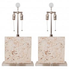 Pair of slab form travertine and Lucite table lamps