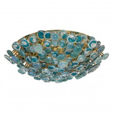 Large brass flush mount featuring blue glass disks