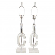 Pair of Lucite and nickel interlocking table lamps