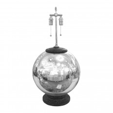 Single spherical mercury glass lamp with distressed black base and cap