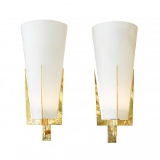 Pair of brass sconces with conical frosted glass shades