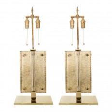 Pair of brass table lamps with rectangular glass design