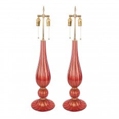 Pair of red and gold Murano glass lamps