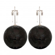 Pair of monumental spherical black glass table lamps